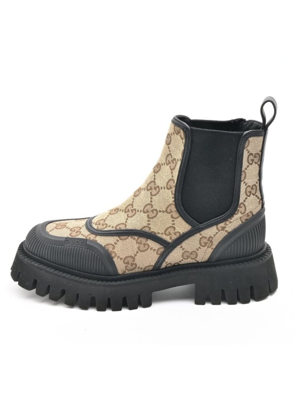 Gucci Short Boots Beige Black Side Gore GG Pattern Leather